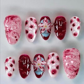 Handmade Press on Nails Medium Almond Fake Nails Red 3D False Nails Luxury Charm Flower Full Cover Stick on Nails Rhinestone Glue on Nails Floral Nails Acrylic Nails for Women Girls (Painting Water M)