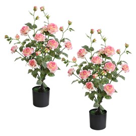 momoplant Artificial Rose Plant 26 Inch Tall Fake Silk Rose Flower Set of 2 Faux Trees with Potted for Living Room Table Kitchen Office Decor (Pink)