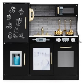 Costzon Kids Kitchen Playset, Wooden Pretend Cooking Toy Set w/Real Sound, Large Blackboard, Telephone, Microwave, Ice Maker, Dishwasher, Oven, Storage Space, Play Kitchen for Kids Ages 3+ (Black)