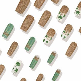 BABALAL Green Press on Nails Medium Square Fake Nails St. Patrick's Day Glue on Nails Shamrock Acrylic Nails Gold Glitter Bling False nails Squoval Manicure Stick on Nails 24Pcs Artificial Nails
