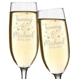 shop4ever Set of 2 Couples Names and Date with Hearts Laser Engraved Champagne Flute Glasses 8 oz. with a Gift Box Couples Wedding Gift