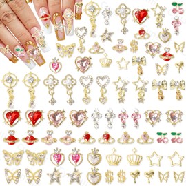 50 Pcs Gold Nails Charms, Heart Star Bows Dangle Nail Charms and Gems Gold Cherry Heart Butterfly Crown Planet Dollar Sign Golden Nail Golden Charm for Women DIY Supplies