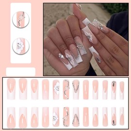 24Pcs Very Long Press on Nails Square Fake Nails Glossy Nude False Nails with 3D Rhinestones Designs White French Tip Glue on Nails Full Cover Flower Butterfly Artificial Long Acrylic Nails for Women