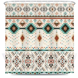 Aztec Shower Curtain for Bathroom, Southwestern Native Tribal Navajo American Ethnic Abstract Triangular Geometric Vintage Bath Curtains, Boho Fabric Bathroom Decor Set with Hooks, 69x78 Beige