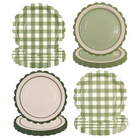 48PCS Sage Green Gingham Paper Dessert Plates - 7 Inch Disposable Scalloped Checkered Dinner Plates for Birthday Baby Shower Wedding Picnic Party Supplies, 4 Styles