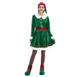 Kofero Elf Costume for Women Christmas Adult Plus Size Velvet Outfit Cozy Fancy Dress Santa Helper for Xmas Holiday Party