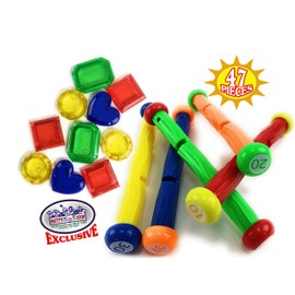 Matty's Toy Stop 47 Piece Super Ultimate Dive Set for Diving/Swimming Pools Featuring Dive Sticks, Dive Rings, Gems, Balls, Fish, Torpedo, Shark, Octopus, Jellyfish, Fishing Nets & Bonus Storage Bag