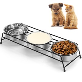 IEBIYO Raised Cat Bowls Triple Dog Cat Feeder Holders 3 Stainless Steel Elevated Pet Water Food Bowl for Cats Puppies Rabbits (3 Bowls)