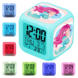 Yabonie Kids Alarm Clock, 7 Color Digital Wake Up Clocks with 8 Alarm Sounds, LED Night Light Clock with Date Calendar Temperature for Students Boys Girls (Little Mermaid)