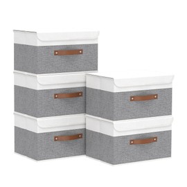 Yawinhe Collapsible Storage Bin, Cube Organizer Basket, Fabric Box with Lids, Washable and Leather Handle, for Home, Closet, White/Grey, 13.0''Lx9.0''Wx7.9''H, 5-Pack, SNK024WGS-5