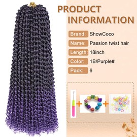 ShowCoco Purple Passion Twist Hair 18 Inch Water Wave Crochet Hair for 6 Packs Passion Twist Crochet Hair Bohemian Hair Braiding Passion Twist Braids Synthetic Hair Extensions (18 Inch, #1B/Purple)