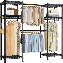 Ulif E7 Heavy Duty Garment Rack, Freestanding Clothes Organizer and Storage Rack with Expandable Hangers Rods, Metal Portable Closets with 6 Wire Shelves, (52.3"-72")W x 14.5"D x 71.2"H, Load 740 LBS