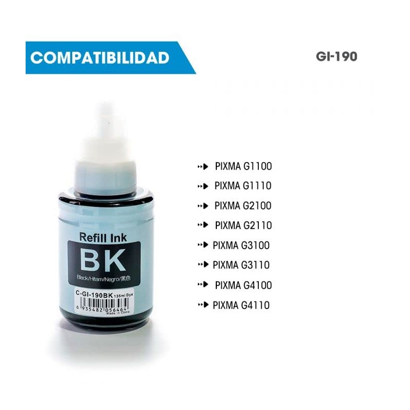 REFILL INK Tinta GI-190 BK Negro Compatible con Pixma G1100