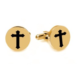 Engraved Gold Circle Cross Cufflinks - Ships From USA