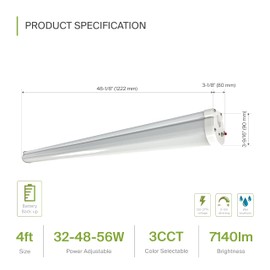 ASD 4FT LED Vapor Tight Light Fixture with Emergency Battery Backup - 32W/48W/56W 120-277V 3500/4000/5000K Dimmable Vapor Proof Lighting, Seamless Linkable Commercial Wall Light, UL DLC