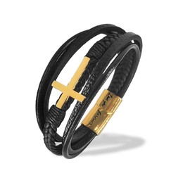 To My Son Cross Bracelet, Braided Leather Bracelet,Men's Stainless Braided Leather Bracelet Bangle Wristband Graduation Birthday Gift (gold, grandson)