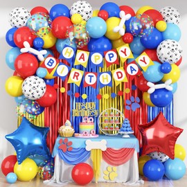 Birthday Decorations for Boys, Dog Paw Party Decorations Red Yellow Light Blue Star Foil Balloons Happy Birthday Banner Fringe Curtain Backdrop for Kids Boy Carnival Cartoon Theme Party Supplies