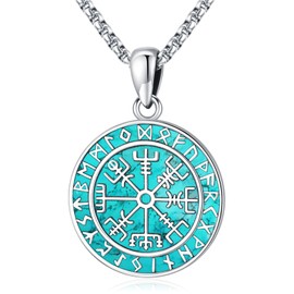 Eusense Rune Viking Necklace for Men Women Sterling Silver 925 Amulet Protection Pendant Viking Jewelry Mens Lucky Amulet Necklaces Coin Nordic Norse Necklace Turquoise Talisman