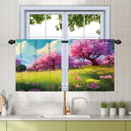 Renaiss 26 x 36 Inch Japanese Cherry Blossom Tier Curtains Cartoon Sakura Tree Lawns Art Printed Aesthetic Kitchen Bathroom Window Drapes Treatment Spring Scenery Rod Pocket Linen Curtains 2 Panels