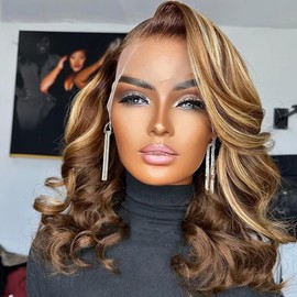 Highlight Brown With Honey Blonde Body Wave Bob Human Hair Wig 13X6 HD Invisible Lace Frontal Human Hair Wig with Invisible Bleached Knots for Woman #4/27 Ombre Colored Short Bob Wig Pre Plucked
