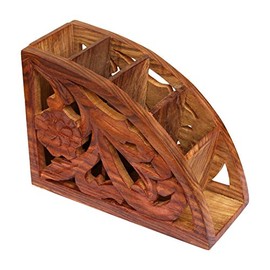 ITOS365 Wooden Floral Carved Remote Control Rack Stand Holder Storage Organizer Home Office Decor