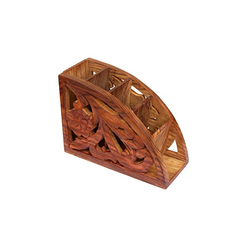ITOS365 Wooden Floral Carved Remote Control Rack Stand Holder Storage