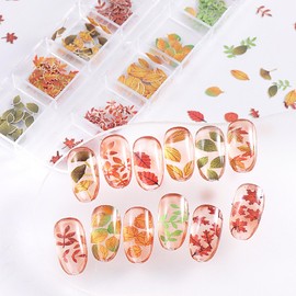 Fall Nail Art Glitters Sequins Maple Leaf Nail Glitter Autumn Dried Flower Nail Stickers Flakes Nail Stickers Nail Art Sticker Decals 5D Exquisite Leaves Pattern Nail Decoration Accessories 12 Grids