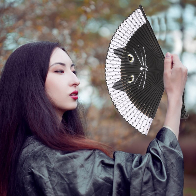 Black Cat Folding Fan - Cartoon Cat Handheld Bamboo Silk