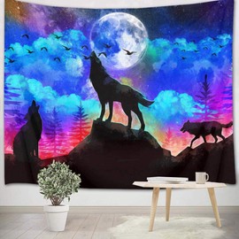HVEST Wolf Tapestry Three Wolves Howling on The Mountain Tapestries Psychedelic Starry Sky Full Moon and Forest Wall Hanging Poster for Bedroom Living Room Dorm Party Decor,60x40 inch