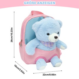 Children's Backpack 22 x 26 cm - Removable Plush Doll Children's Backpack - Backpack with 25 cm Plush Toy Bear, Nursery Backpack, Nursery Backpack with Cuddly Toy for Boys and Girls