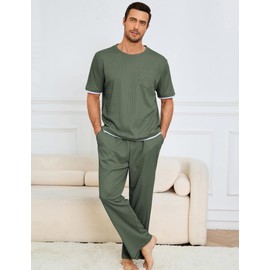 Andeip Loungewear for Men Cozy Pjs Set Round Neck Mens Pajama Set Soft Sleepwear Short Sleeve Top and Long Pants Green M