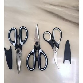 Vutyvve Kitchen Scissors, Multi-Purpose Heavy Duty Meat and Poultry Shears Seafood Scissors, Stainless Steel Blades, 2 Kitchen Scissors, 1 Seafood Scissors, Black, Set of 3