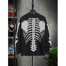 SHENHE Men's Skeleton Pattern Cardigan Sweaters Long Sleeve Unisex Outwear Knitted Coats Black XL