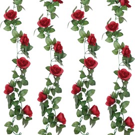 Syhood Artificial Rose Garlands Rose Vines Leaves Banners Hanging Fake Floral Garland Flower Vine for Wedding Arch Ceremony Home Garden Outdoor Party Wall Decorations, 14.4 ft(Wine Red,2 Pieces)