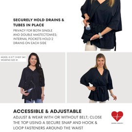 Inspired Comforts Mastectomy Recovery - Camisa de recuperación con bolsillos de drenaje (parte superior), Negro, 3X-Large