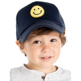 Funky Junque Kids Trucker Hat Adjustable Mesh Snapback Cap Toddler Boys Ages 2-10 - Smiley - Navy/Yellow