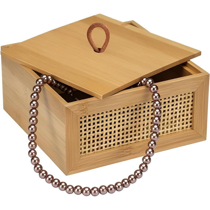 Bamboo Storage Box with Rattan Mesh Panel, Decorative Container for