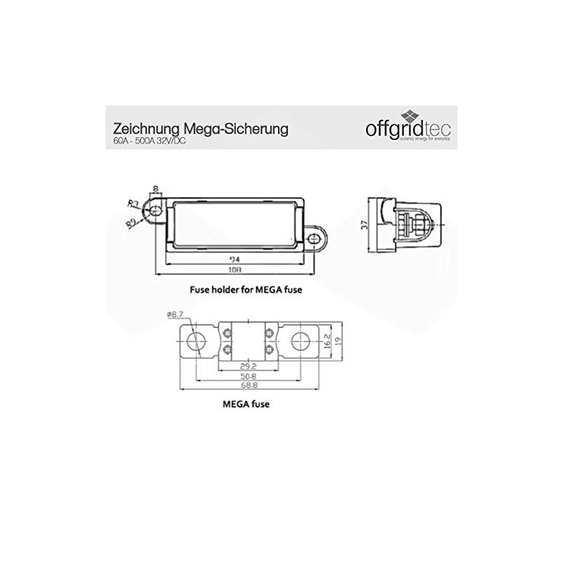 Set of 5 Offgridtec® 60 A 32 V Mega Fuse