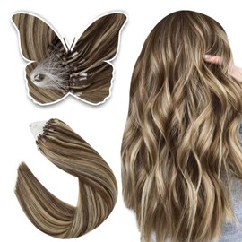 Easyouth 20 inch Micro Ring Hair Extensions Human Hair Dark Brown Highlights Honey Blonde Microlink Hair Extensions Human Hair Micro Loop Extensions #P4/27 50g/50s