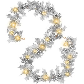 [Timer & Lighted] 6 Ft Silver Berry Garland Christmas Garland with 20 Warm White Lights Holly Leaves Artificial Xmas Garland Christmas Decorations for Home Winter Holiday Table Mantle Fireplace Stairs