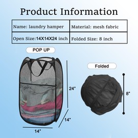 Mesh Pop Up Laundry Hamper, Collapsible Laundry Basket with Side Pocket, Dirty Clothes Mesh Basket Foldable for Cruise, Travel, Camping (Black - 1 Pack)