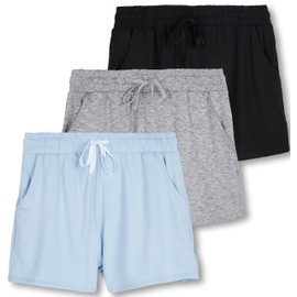 Real Essentials 3 Pack: Girl's Lounge Soft Comfy Shorts with Drawstring - Yoga Athletic Sweat Shorts with Pockets, Set 8, Small