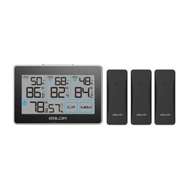 BALDR Digital Wireless Weather Station with 3 Remote sensors, Accurate Humidity Gauge & Temperature Tracking, Includes Built-in Stand and Hanging Slot, Black