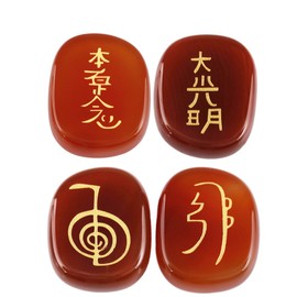 mookaitedecor 4 Piece Carnelian Stones Engraved Chakra Symbols Polished Palm Stones for Reiki Crystal Healing