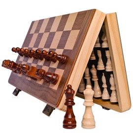 Conjunto de ajedrez magnético de madera de 15 pulgadas para adultos y niños - Tablero de ajedrez de viaje plegable con piezas Staunton hechas a mano, reinas extra y ranuras de almacenamiento