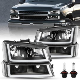 JSBOYAT Fit for 2003-2006 Chevy Silverado Headlight Assembly 4pcs w/LED DRL 03-06 Avalanche w/Bumper Lights OE Style Replacement with Bulbs Black Housing Clear Reflector U Shape