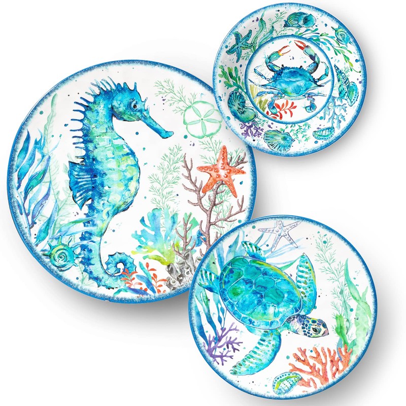 LEHAHA 12-Piece Melamine Beach Dinnerware Set, Coastal Plates and Bowls