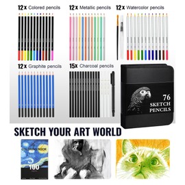 76PCS Art Supplies Sketching Kit with 100 Sheets 3-Color Sketchbook, Drawing Pencils Include Graphite Colored Charcoal Watercolor & Metallic Pencils, Drawing Kit Gifts for Kids Adults Beginner Artists