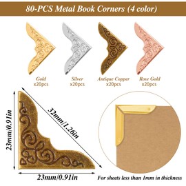 Bewudy 80 PCS Metal Book Corner Protector, Vintage Iron Guard Cover Book Scrapbooking Corner Protector, 4 Color Scrapbook Album Notebook Folder Corner Decorative Frame Angle Protector Covers