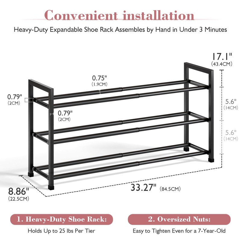 Bumusty 3-Tier Expandable Shoe Rack for Closet, 18“-33” Adjustable Shoe
